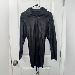 Black Faux Leather Button-Up Shirt Dress